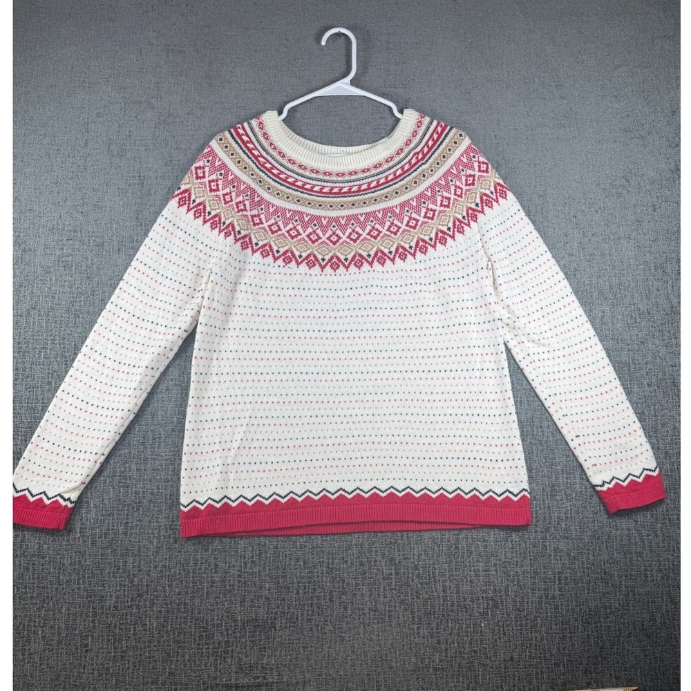 Talbots Womens Large Fair Isle Lambs Wool Blend Crew Neck Sweater Ivory Red